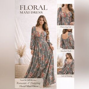 Floral Puff-Sleeve Midi Dress in Sage Green